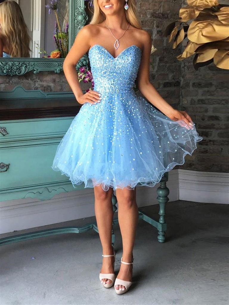 Blue Sweetheart Tulle Sequin Short Prom ...